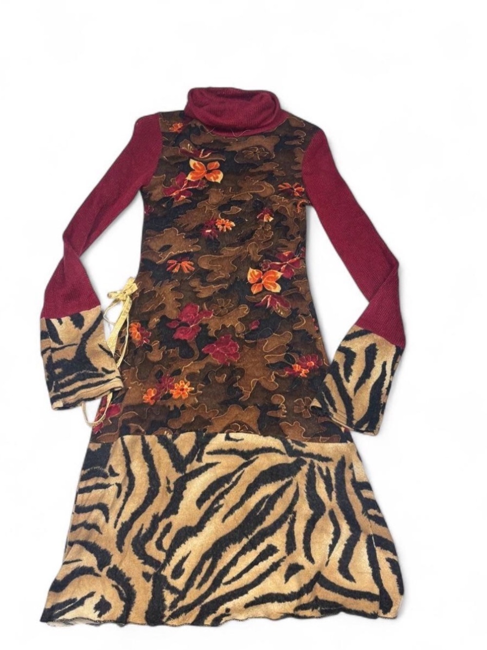 Mixed-Print Turtleneck Long-Sleeve Dress in Burgundy and Brown